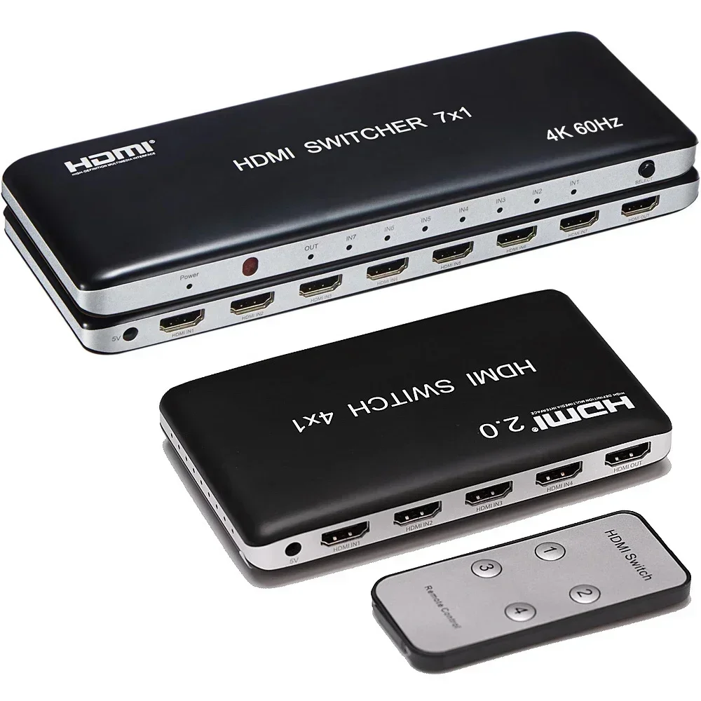 4K 60hz HDMI Switch 7x1 4x1 3x1 HDMI 2.0 Switcher Video Converter HDR 3D 3 4 7 In 1 Out for PS4 PS5 DVD Camera PC To TV Monitor