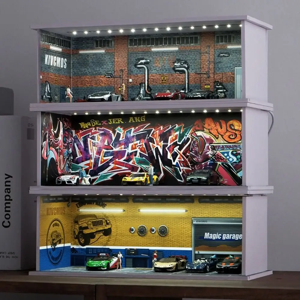 Garagenszenenmodell im Maßstab 1:64, mit Lichtern, Miniatur-Parkplatzmodell, Ausstellungsraum, Ausstellungssaal, Automodell, Ausstellungsbox