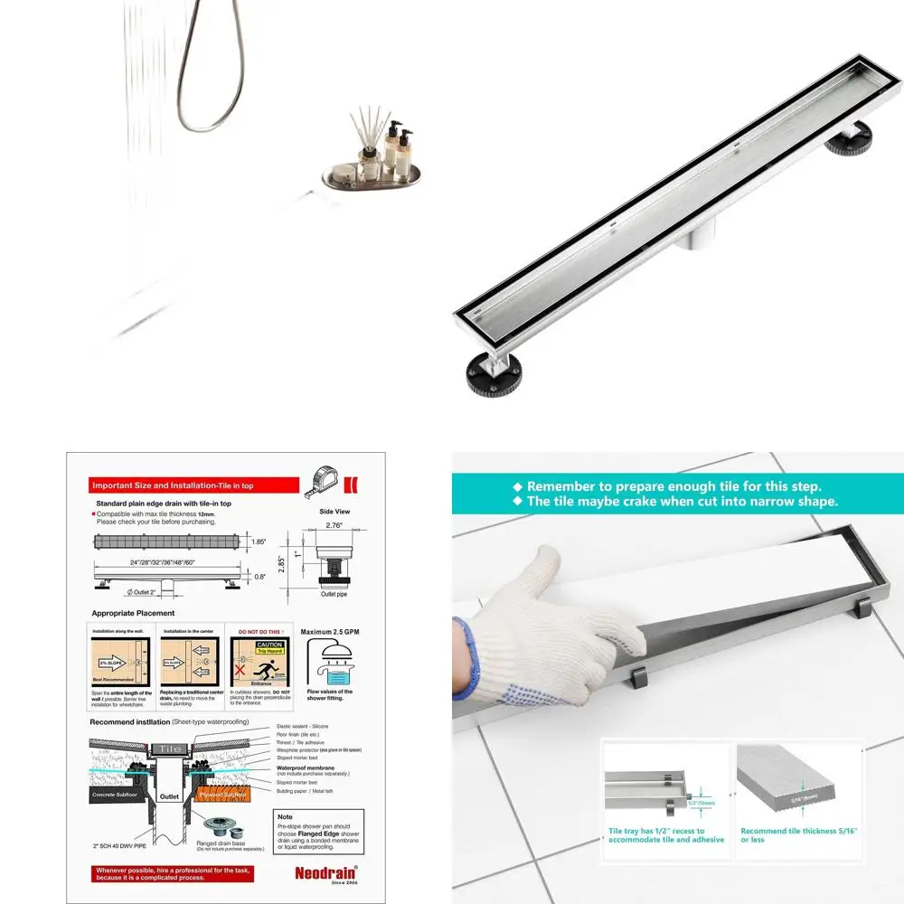 

32 304 Stainless Steel Linear Shower Drain with Dual Flat & Tile Cover, Adjustable Feet & Hair Catcher