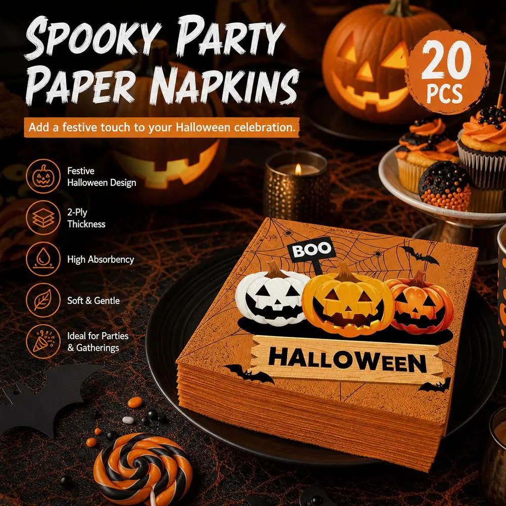 Halloween Disposable Paper Napkins 20Pcs Pumpkin Ghost Bat Skeleton Print Spooky House Party Table Decor
