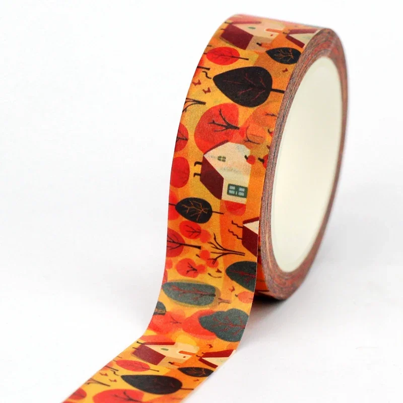 NEW 1PC 10M Decor Yellow Orange Trees House Fall Washi Tape for Scrapbooking Journaing Adhesive Masking Tape Cute Papeleria