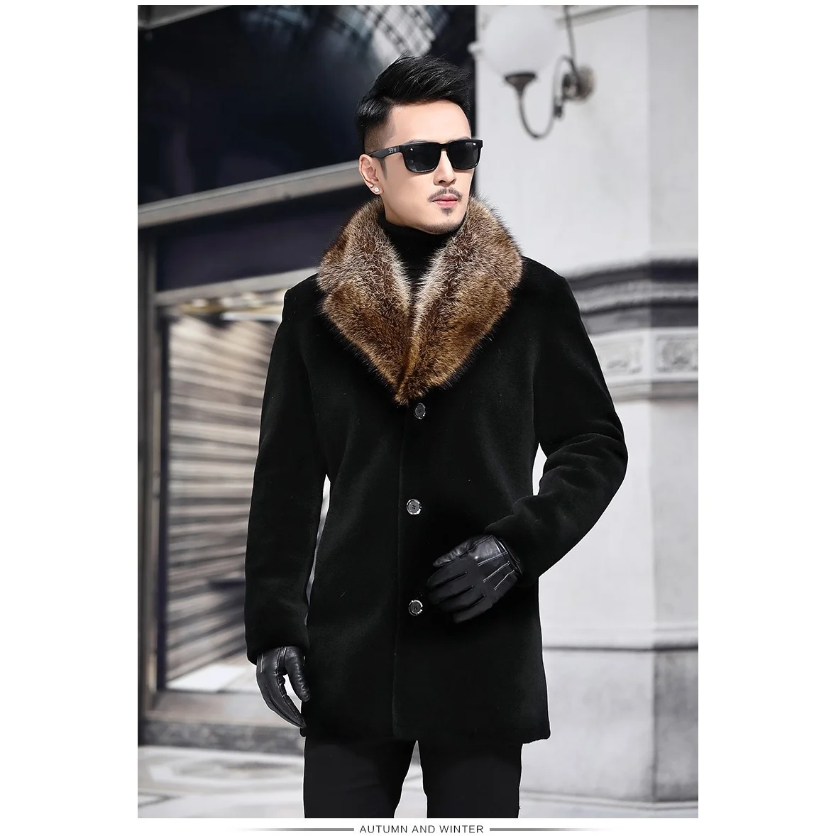 

New Autumn Winter Men's Woolen Jaet Color Blo Fur Collar Wi Coat Casual Straight Hem Briti Sle Double Breasted