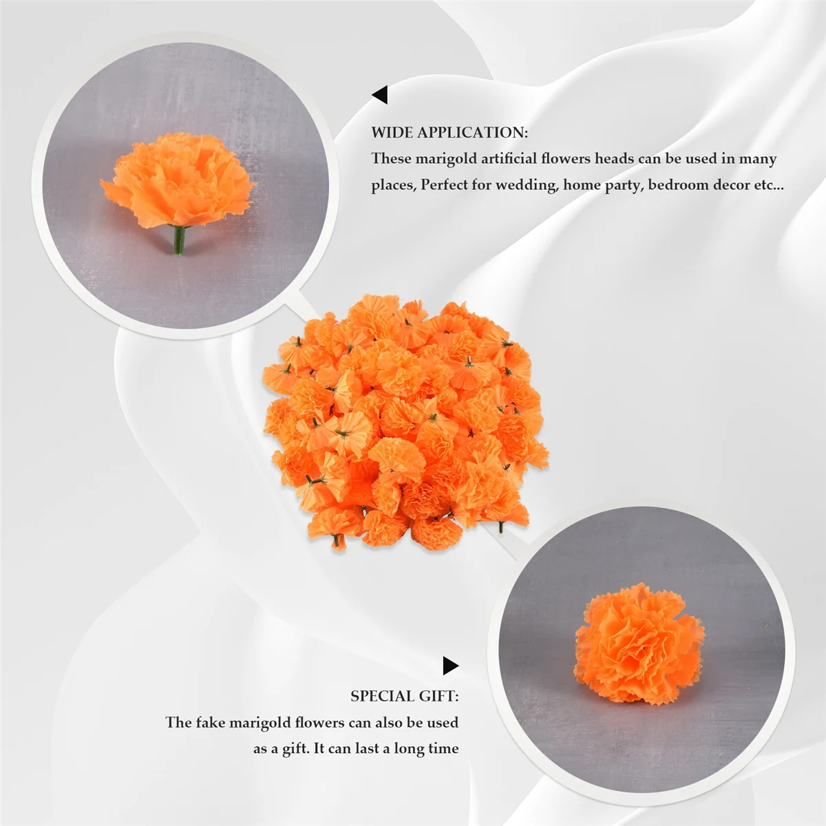 BOFF-Cabezas de flores de caléndula a granel, 100 Uds. Cabezas de flores artificiales para manualidades de guirnaldas, flores falsas de caléndula de seda, naranja