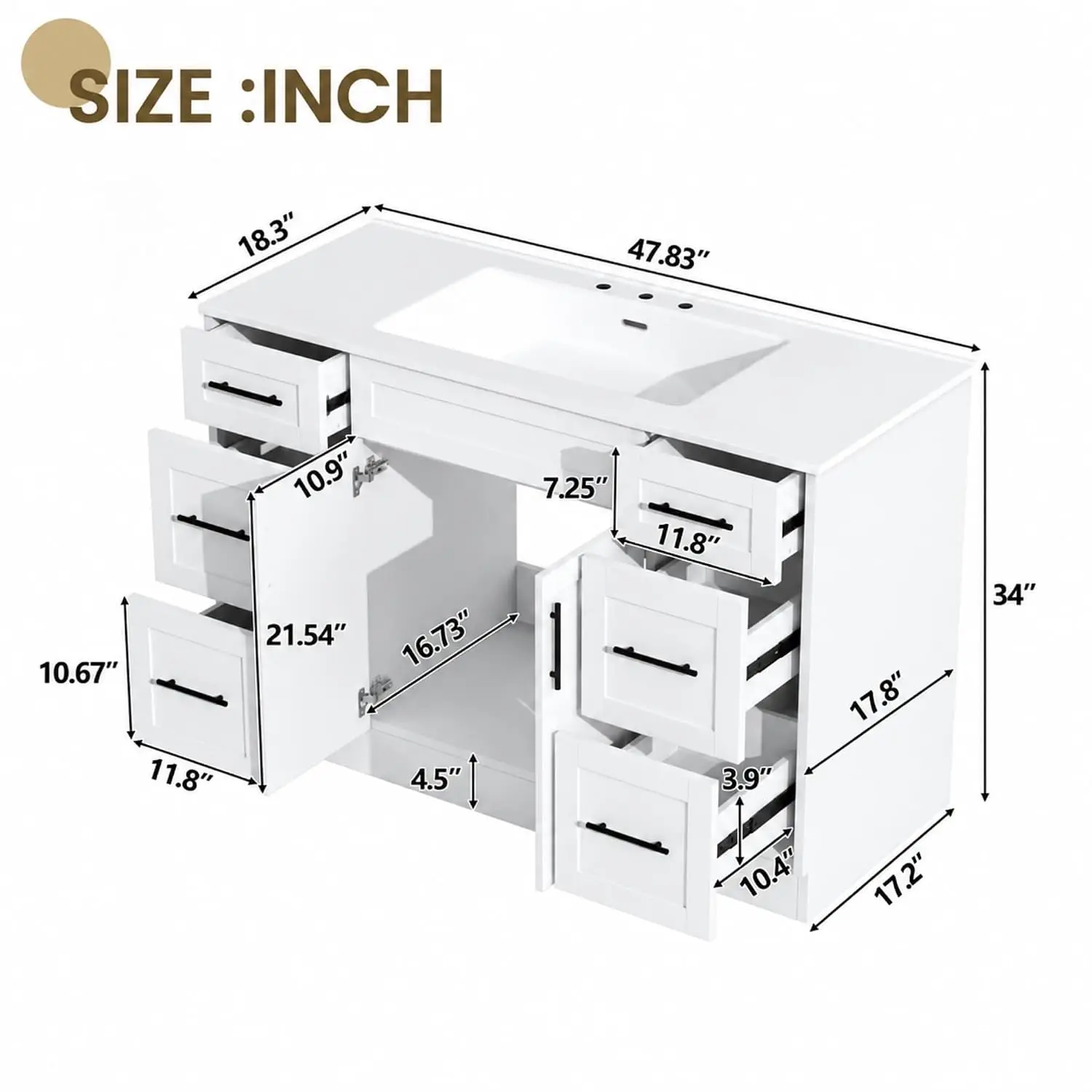 48 Inch Bathroom Vanity with Sink, Freestanding Bathroom Vanity with Resin Sink, 6 Storage Drawers and 2, Customized
