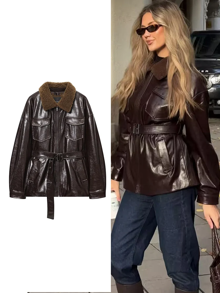 TFMLN Winter Faux Leder Jacken für Frauen Pelz Kragen Multi-Tasche PU Leder Gürtel Mantel Casual Solide Lose Outwear weibliche Neue