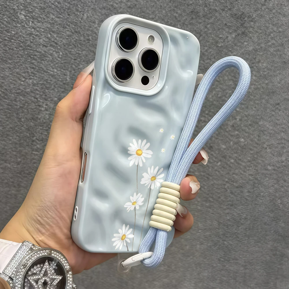 Einfache Gänseblümchen-Blumen-Silikon-Handyhülle für iPhone 17 15 13 11 12 14 16 17 Pro Max 14 15 Plus 17Air mit Lanyard-Hülle – Detail 5