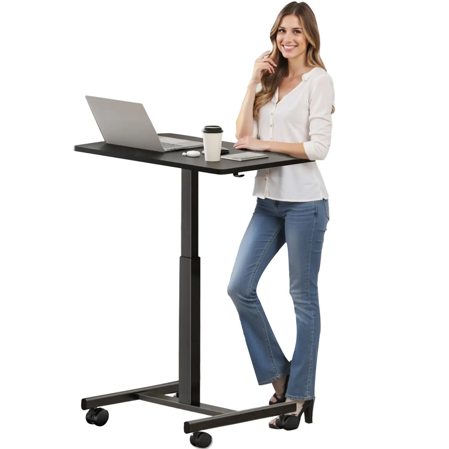 

Mobile Small Standing Rolling Desk Adjustable Height, Portable Laptop Desk On Wheels, Workstation For Home Office With Hook,Blac