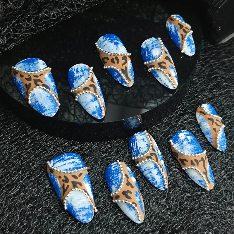 

10 шт., леопардовый пресс ручной работы на ногтях, стиль от руки, акриловые накладные ногти, многоразовые клейкие искусственные миндалевидные кончики средней длины