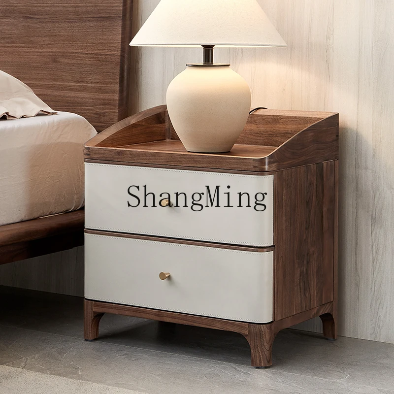 

ZYY black walnut bedside table minimalist saddle leather bedside locker log bedroom storage cabinet