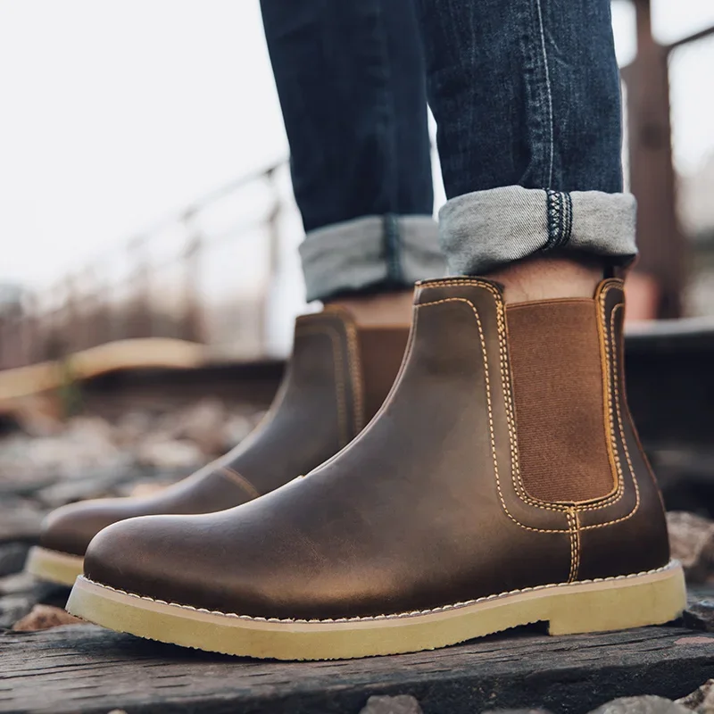 

Vintage British Men Casual Shoes Handmade Real Leather Autumn Winter Round Toe Ankle Boots Outdoor Tooling Work Chelsea Boots