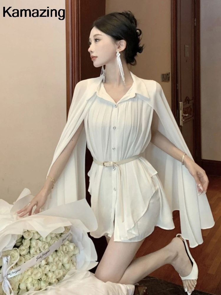 Elegant White Shirt Dress With Belt Office Lady Casual Single Breasted Chiffon Pleated Dresses Women Solid Korean Clothes Summer