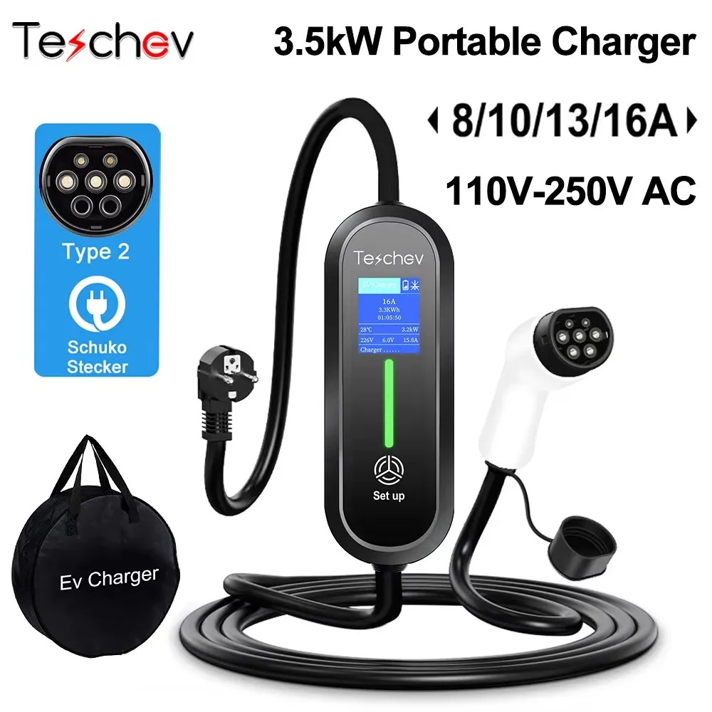 Teschev 220V 230V 16A Draagbare EV Charger Type2 Oplaadkabel IEC62196-2 Wallbox Cord Schuko Plug voor elektrische auto