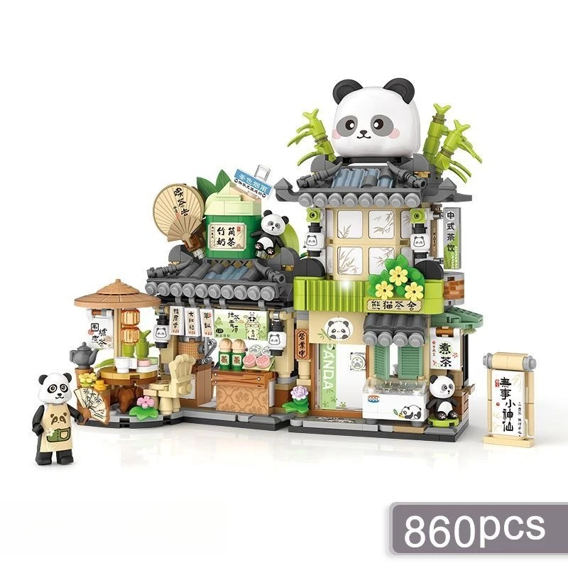 

Creative Panda Tea House Little Bear Flower Cafe Shop Mini Street View Building Block Home Decor Toys for KidsCollection Gifts