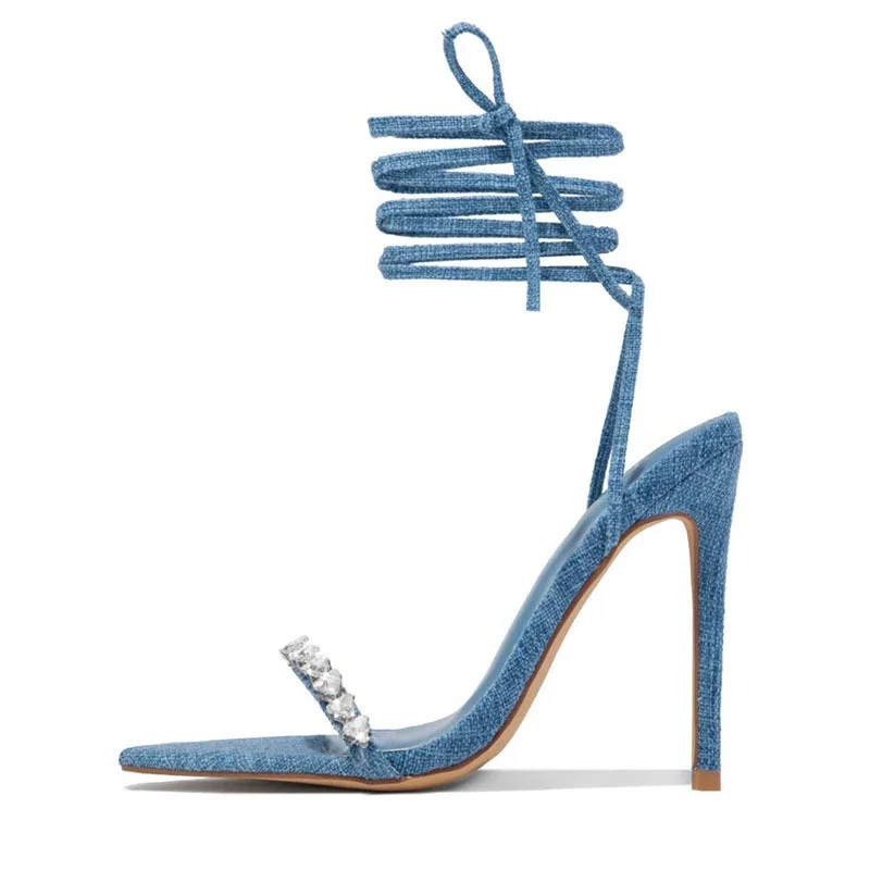 

Summer new pointed rivet denim rhinestone straps sexy lace-up sandals thin high-heeled banquet dress large size women's shoes