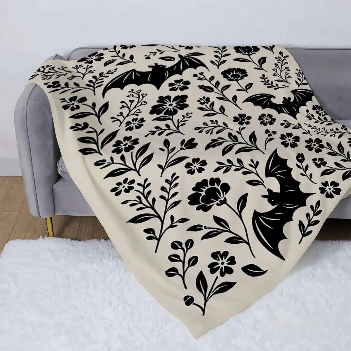 1pc Gothic Bat & Floral Soft Flannel Blanket - Black & White Bat Wing Pattern Throw, All-Season Cozy Bedspread for Couch, Bed, Travel - Goth Bedding Gift for &, Hand Wash Only