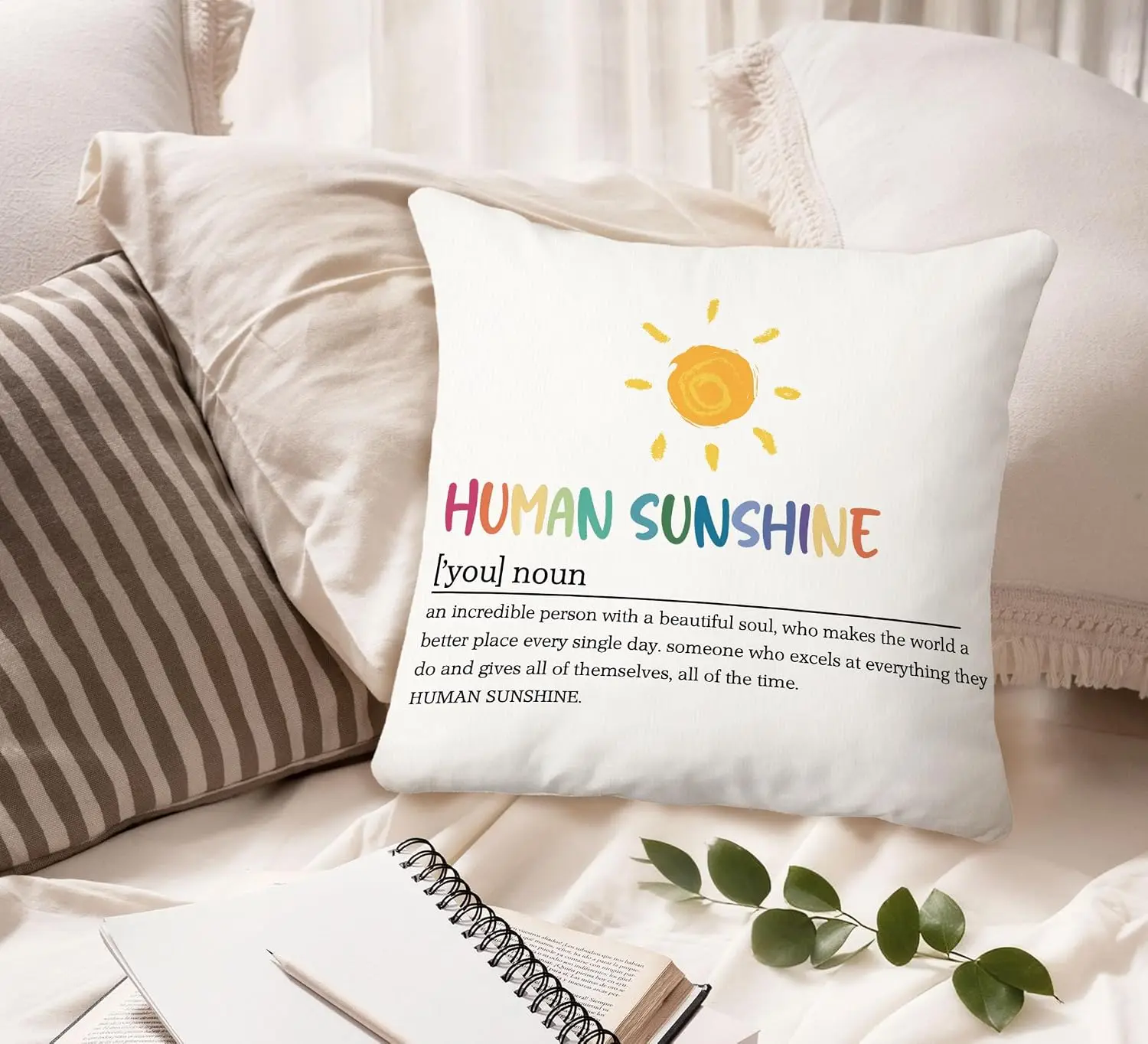 Decorative Human Sunshine Pillowcase Throw Cushion Cover Inspirational Typography Quote Gift for Boho Bedroom Home Decor