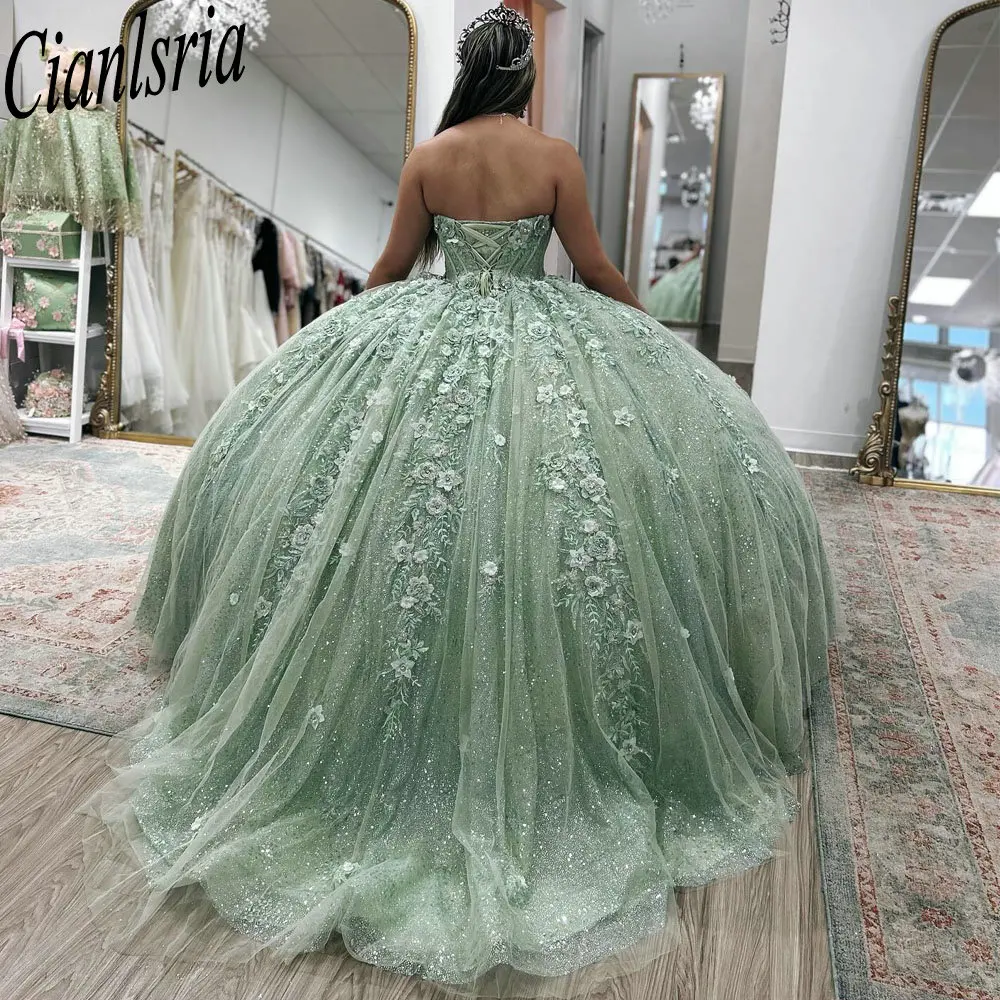 Mintgroene Kralen Kristal Quinceanera Jurken Baljurk 3d Bloemen Appliques Kant Zoet 15 Verjaardagsfeestje