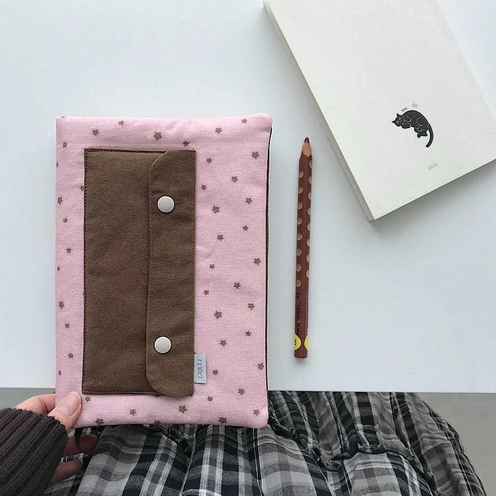 Korean Cute Spot Quilted Book Cover - Soft Padded Cotton Notebook Sleeve Pencil Storage Pouch