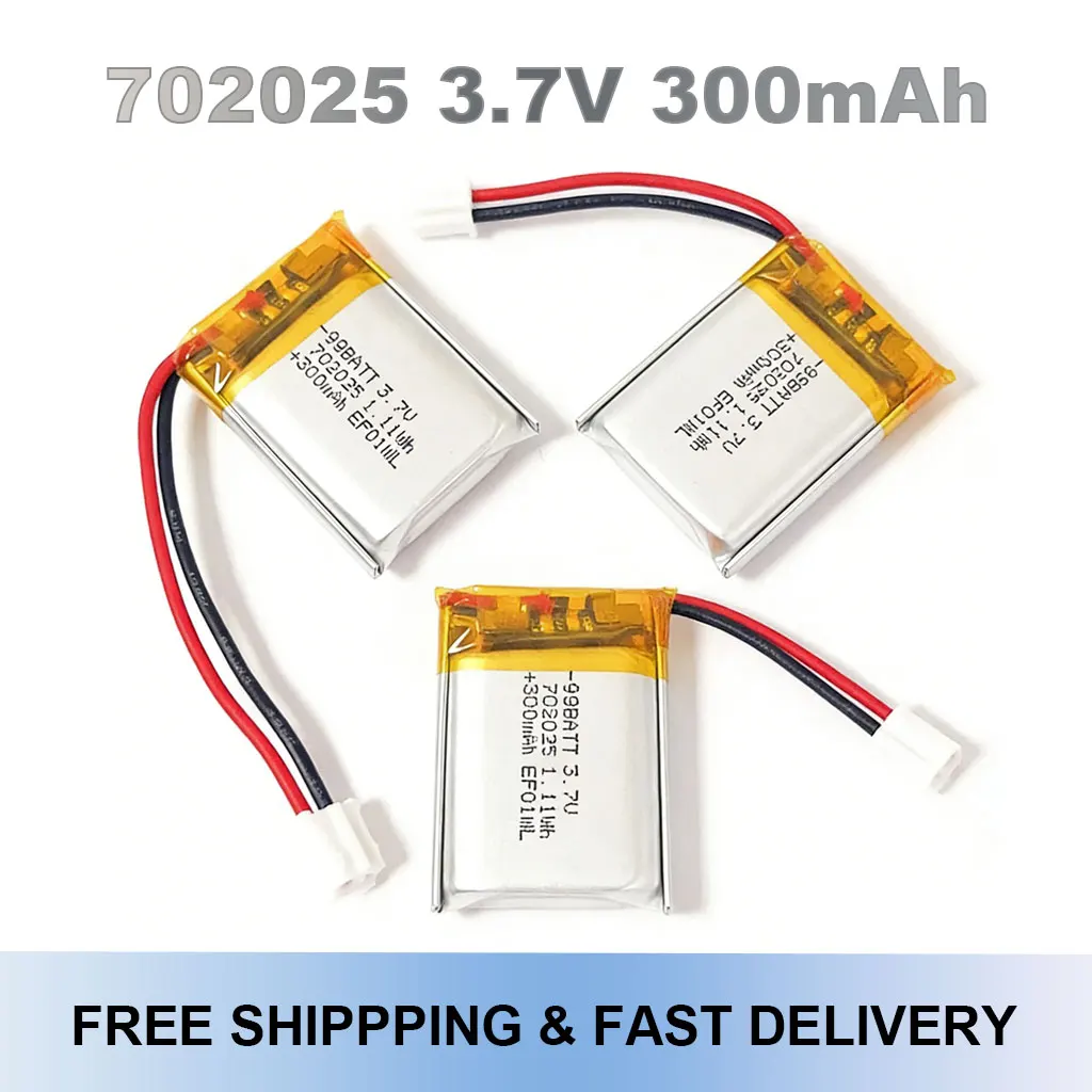 

300mAh 702025 3.7V Slim Polymer Lithium Rechargeable Battery for Bluetooth Headphones Speaker Wireless Mouse MP3 MP4 Gadgets