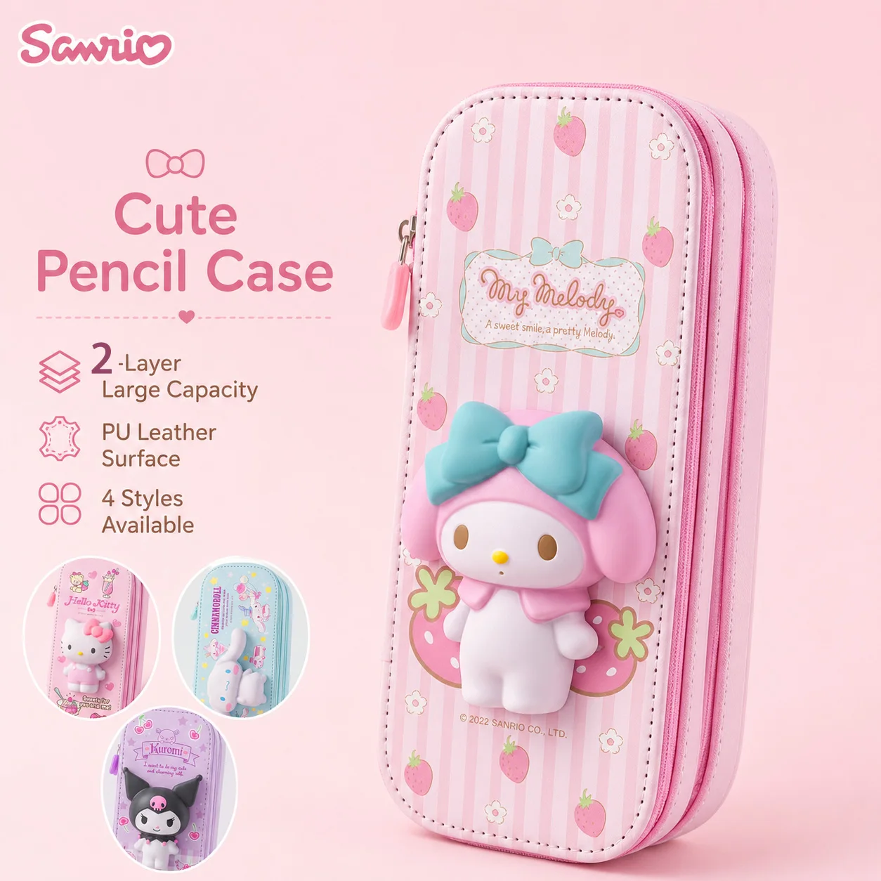 Sanrio My Melody 3D Dekompressions-Federmäppchen aus PU-Leder, große Kapazität, 2-lagige Schreibwarenbox, niedliche Cartoon-Federtasche
