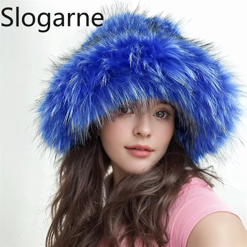 

Winter Women Faux Fur Bucket Hat Warm Raccoon Fur Hat Oversize Outdoor Punk Hat Girl Fashion New Long Fur Berets Furry Cute Caps