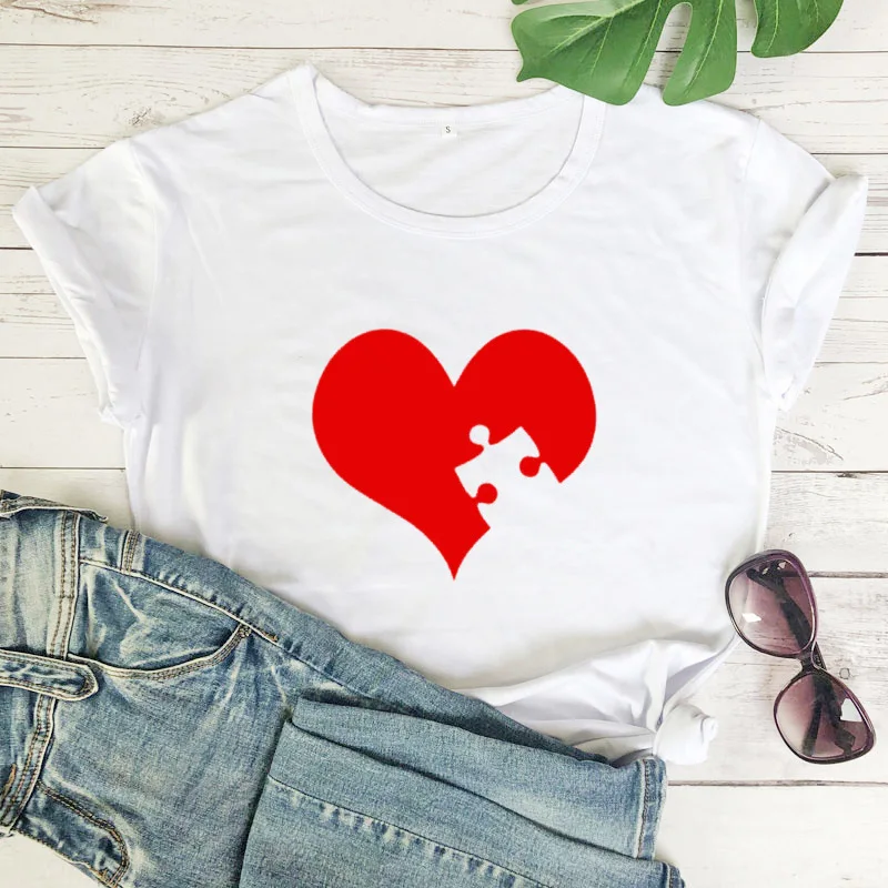 Puzzle Red Heart Print Couple T Shirt Lovers Short Sleeve O Neck Loose Tshirt Fashion Woman Man Tee Shirt Tops Clothes
