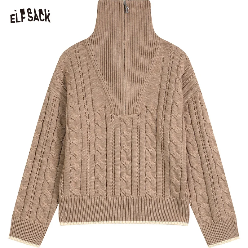 ELFSACK Turn-down Collar Pullover Sweaters Women 2022 Winter Loose Long Sleeve Knitwears