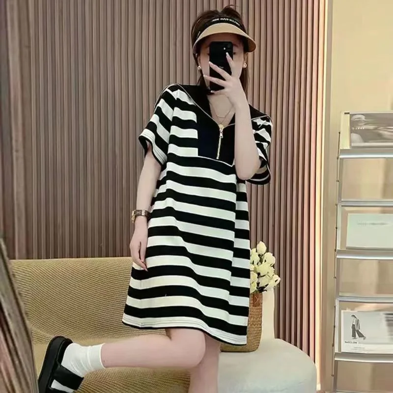 Gestreepte Plus Size Losse Straat Casual Marine kraag T-shirt Jurk Zomer Nieuwe Korte Mouw Rits Mini Jurk Mode Vintage Vrouwen