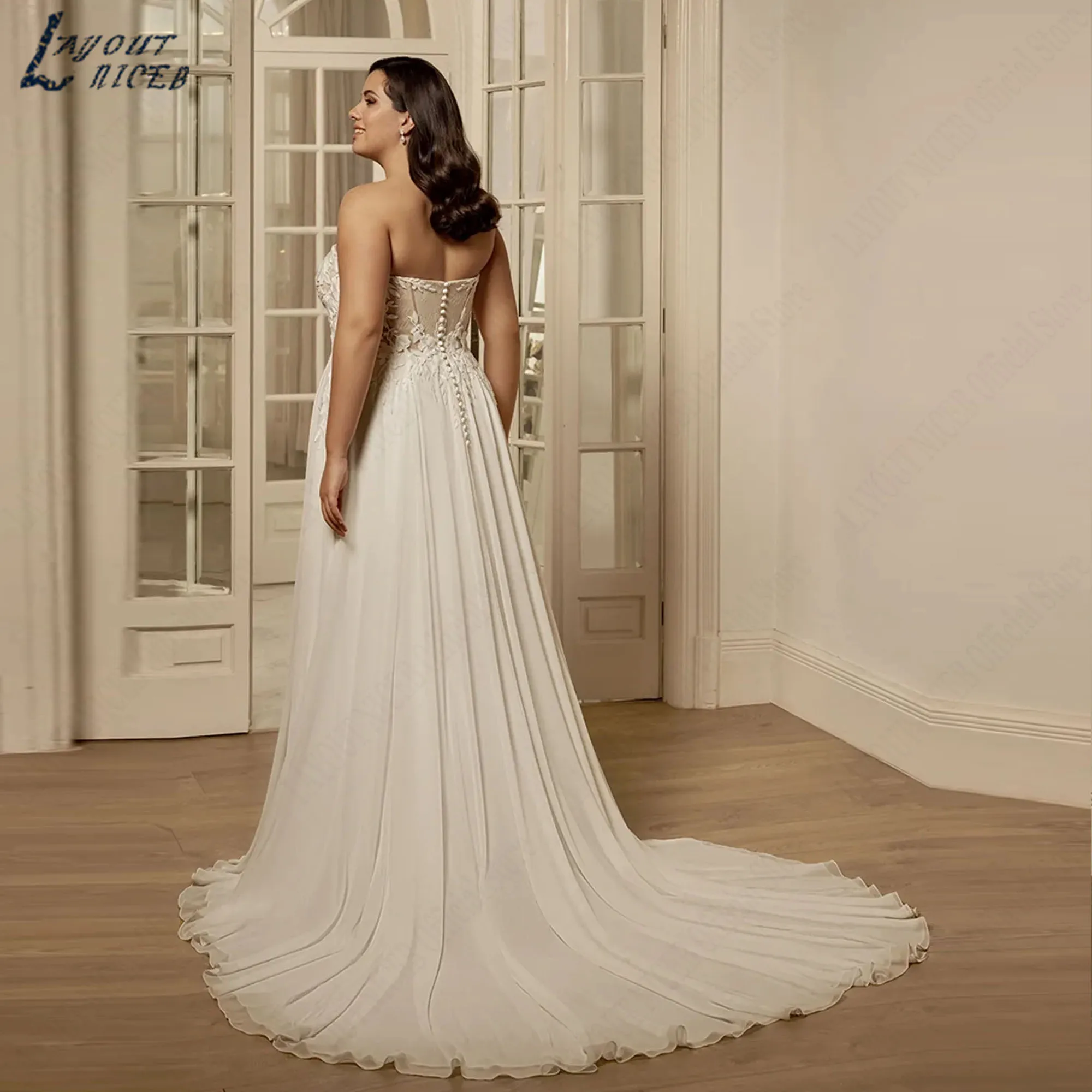 Flowy Chiffon A-Line Wedding Dress Plus Size Strapless Appliques Backless Bridal Gowns Boho Elegant vestidos de novia Customized