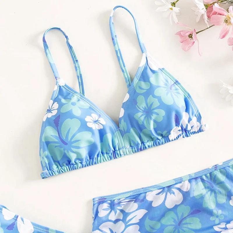 8-12y Children\'S Swimwear Halter Floral Split Girls Swimwear Spa Bikini Print Comfortable Polyester Breathable Beach Swimwear