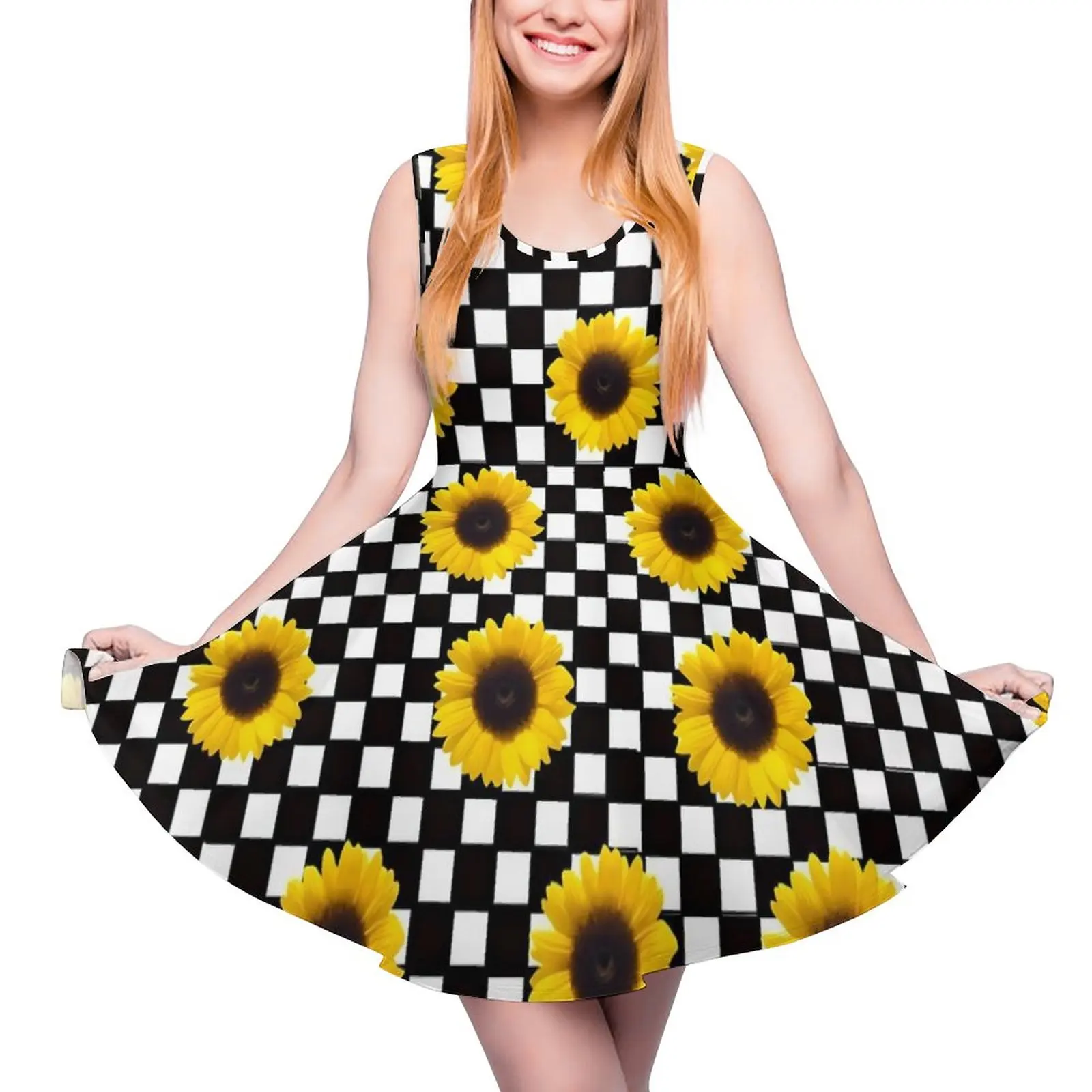 Sunflower Dress Black And White Check Casual Dresses Female Pretty Skate Dress Spring Custom Clothes Big Size 3XL 4XL