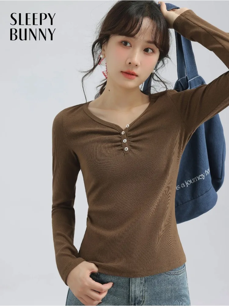

Women Long Sleeve T Shirt Spring Slimming Slim Fit Solid Color Top Lady Casual Layering and Inner Wear Chic Elegant Daily Outfit