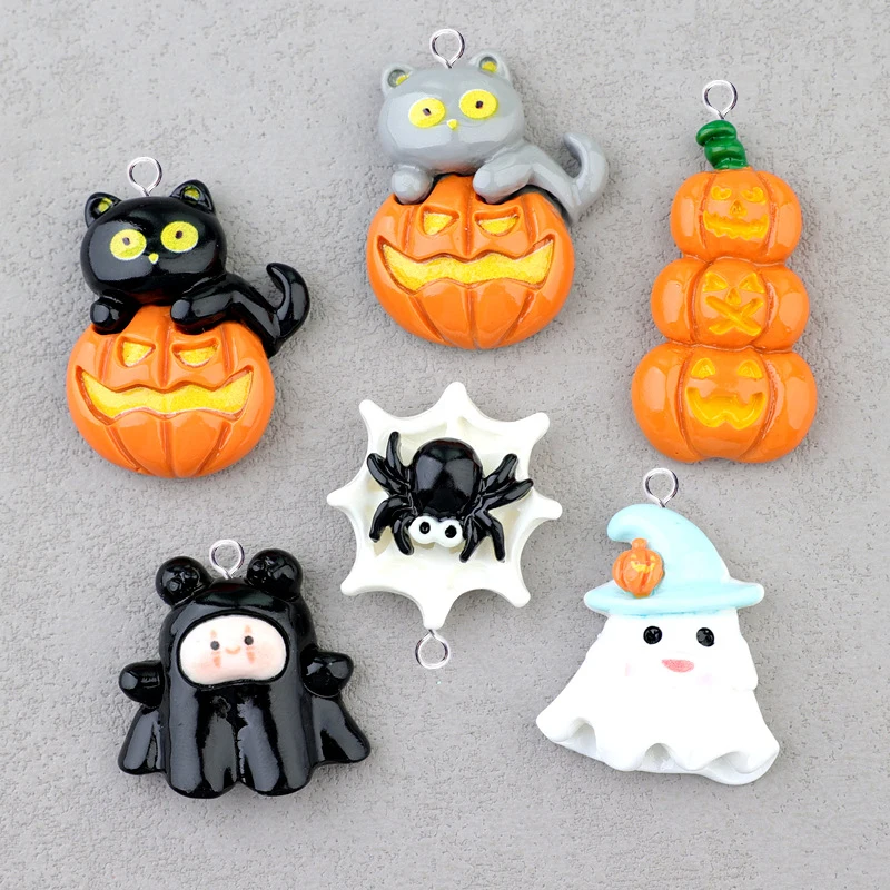10pcs Halloween Charms for Jewelry Making Kawaii Animals Cat Pumpkin Spider Ghost Resin Pendants Flatback DIY Keychain C292 image 3