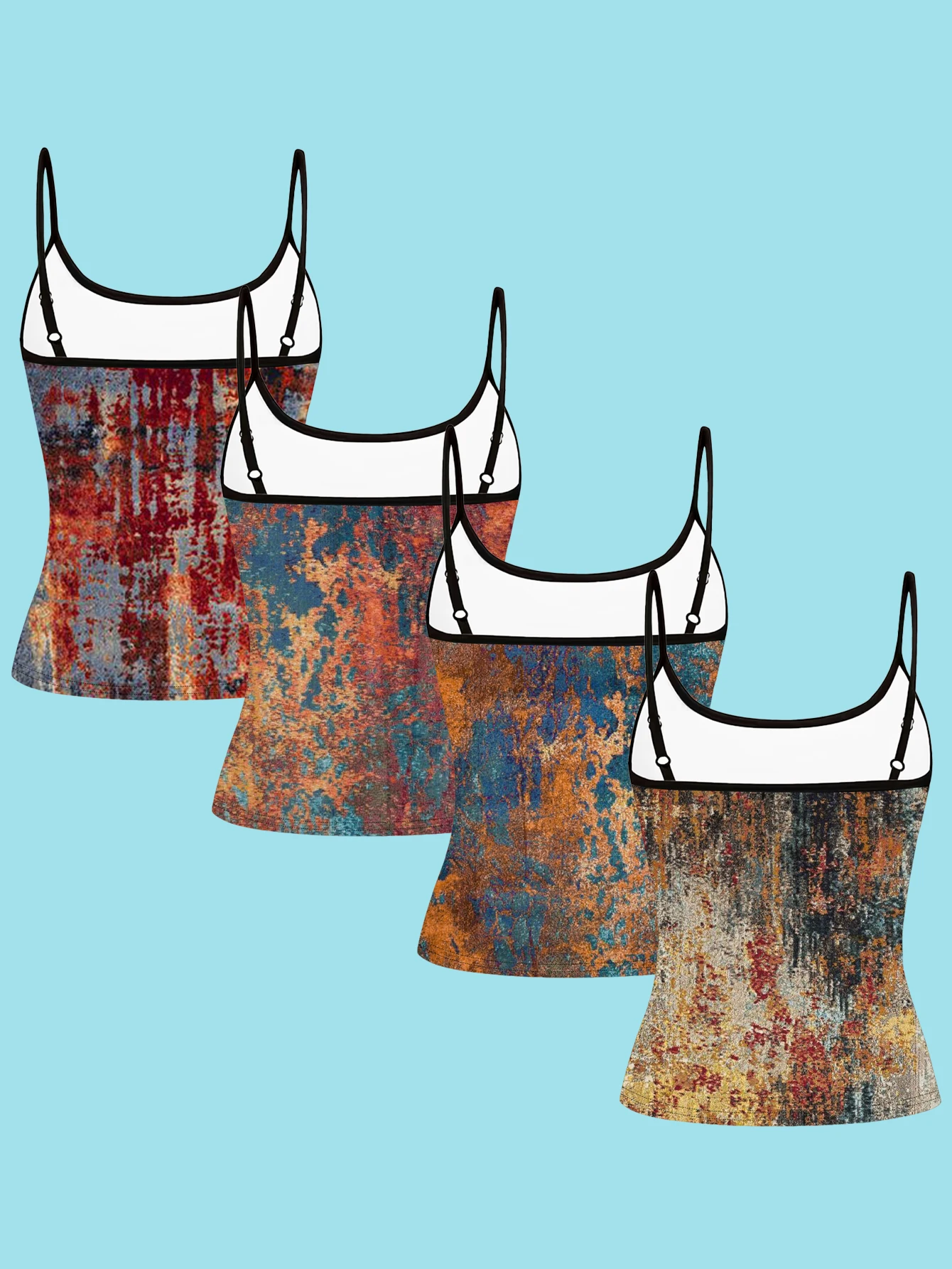4-Piece Set of Vintage Distressed Oil Painting Print Spaghetti Strap Camisole Tops for Women, Featuring Niche Art Design, Slim Fit, Suitable for Layering or Wearing Alone