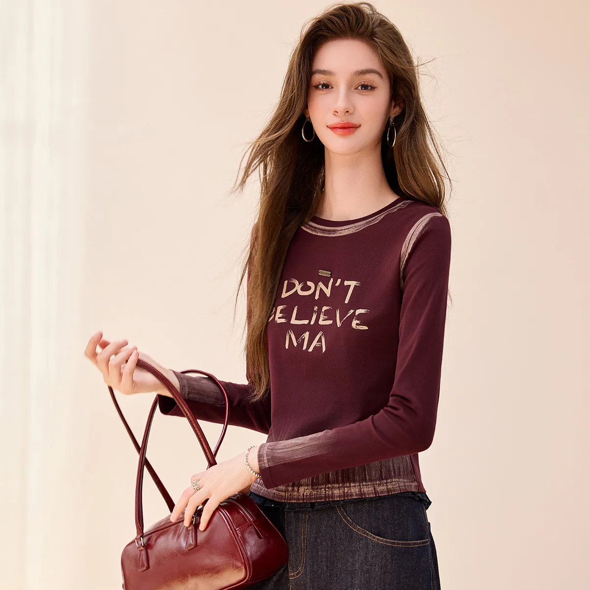 LOUISYAO Modieus bedrukt gradiënt T-shirt met lange mouwen 2025, herfst micro-stretch ronde hals dames T-shirt casual tops