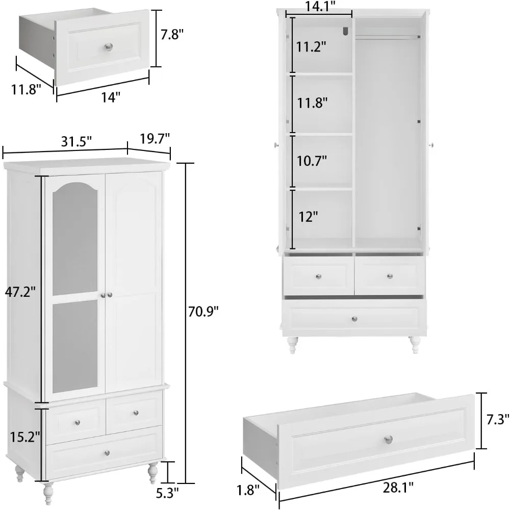 Wardrobe Armoire Wooden Closet with Mirror, 2 Doors, 3 Drawers, 4-Tier Storage Cubes and Hanging Rod for Bedroom, White (