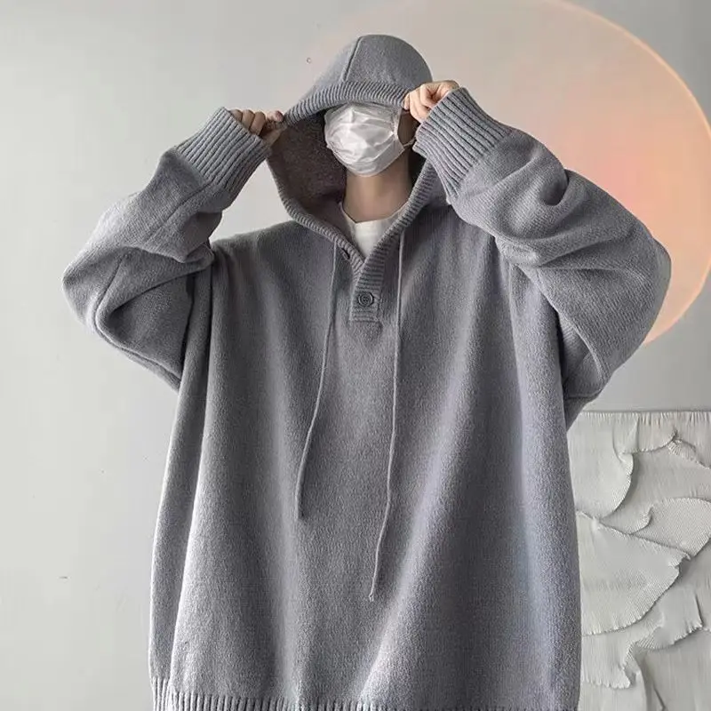 Suéter de punto gris para hombre, jerséis con Cable Harajuku, prendas de punto coreanas, ropa Popular, Top de otoño e invierno, sudaderas con capucha Y2k, jerséis para hombre