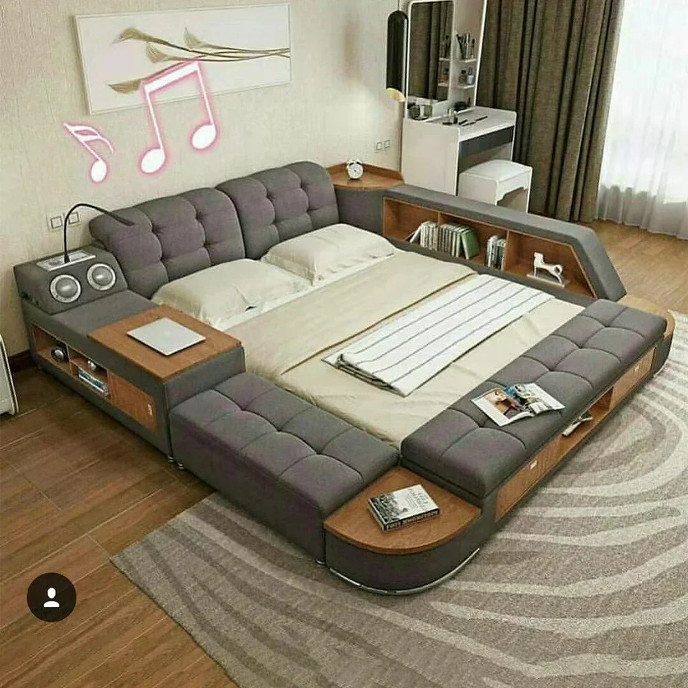 

MINGDIBAO Tech Smart Bed Frame | Cloth Multifunctional Ultimate Bed with Tatami, USB and Speaker | Fabric Upholstered Camas