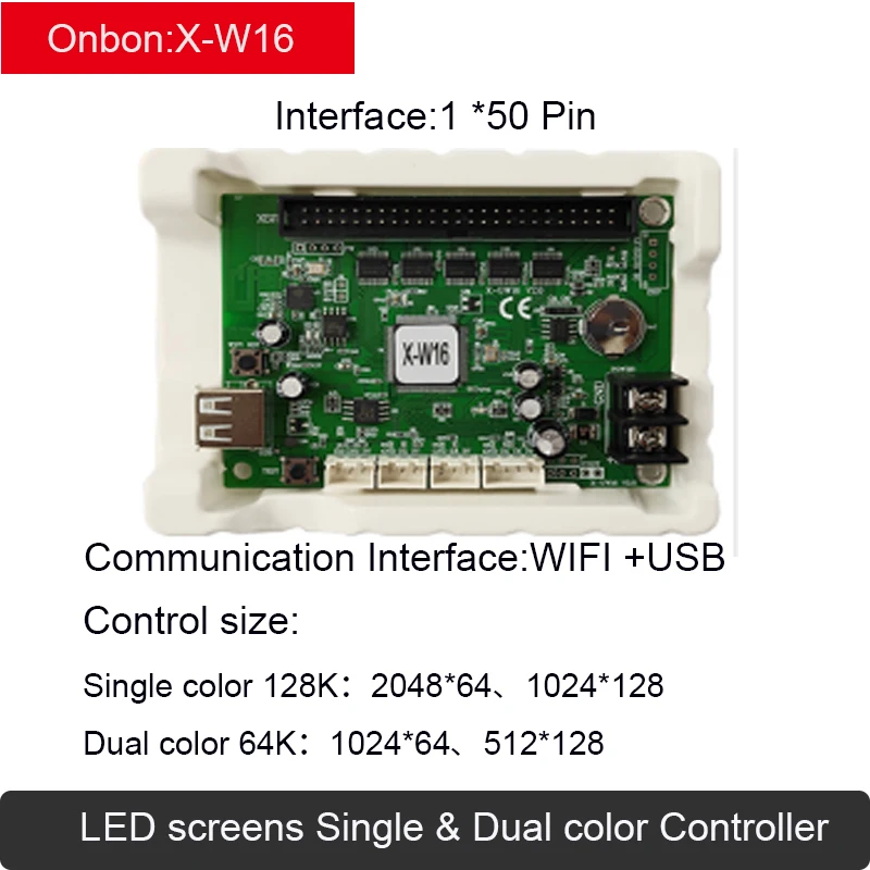 

Onbon X-W16 LED Display Single & Dual Color Controllers USB+WiFi Communication Control Card 50 Pin Interface