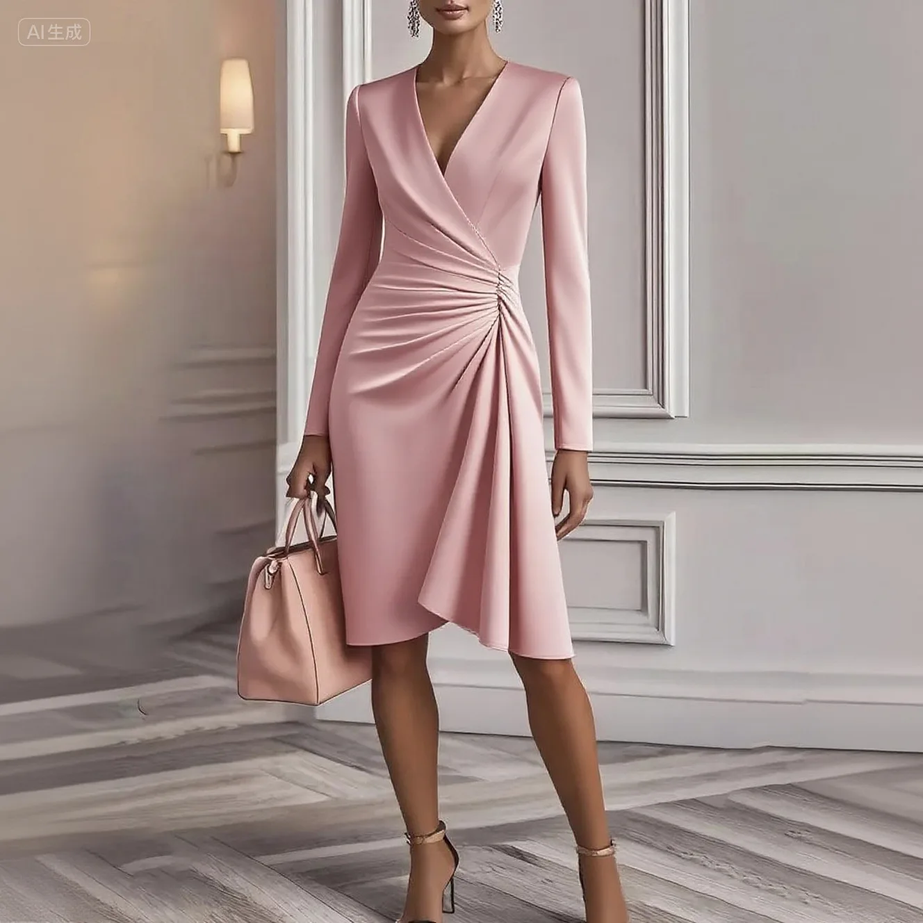 

Women's Solid Color Midi Dress Deep V Neck Long Sleeve Ruched Asymmetrical Gown Elegant Formal Outfit For Weddings Parties Dress