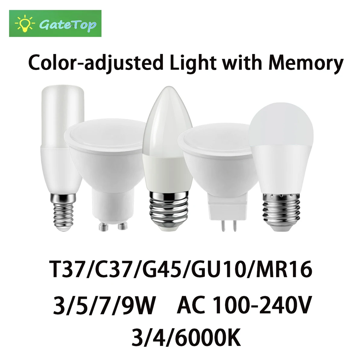 Luz Cor-ajustada com memória, AC100-240V, 3 W, 5 W, 7 W, 9W, 4 PCes, 8 PCes, 12 PCes, 16 PCes, 20 PCes, T37, C37, g45, GU10, MR16 para a sala, cozinha, sala de estar