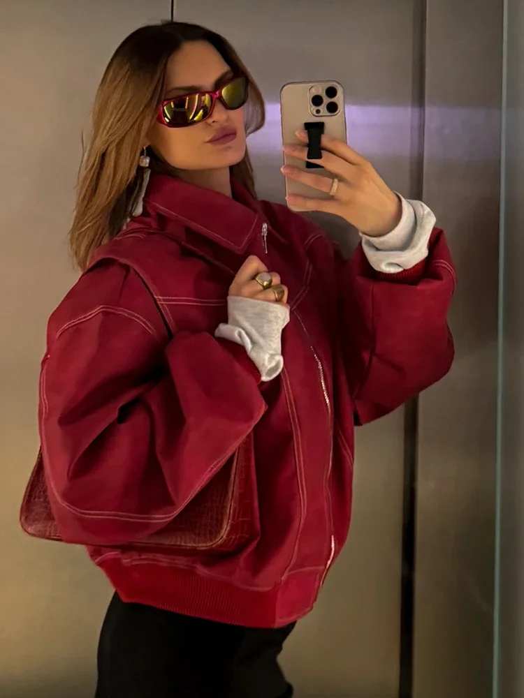 Bright Red Jacket Lapel Collar Zip Up Contrast Stitch Ribbed Cuff Hem Loose Drop Shoulder Women Vintage Streetwear Coat 260602