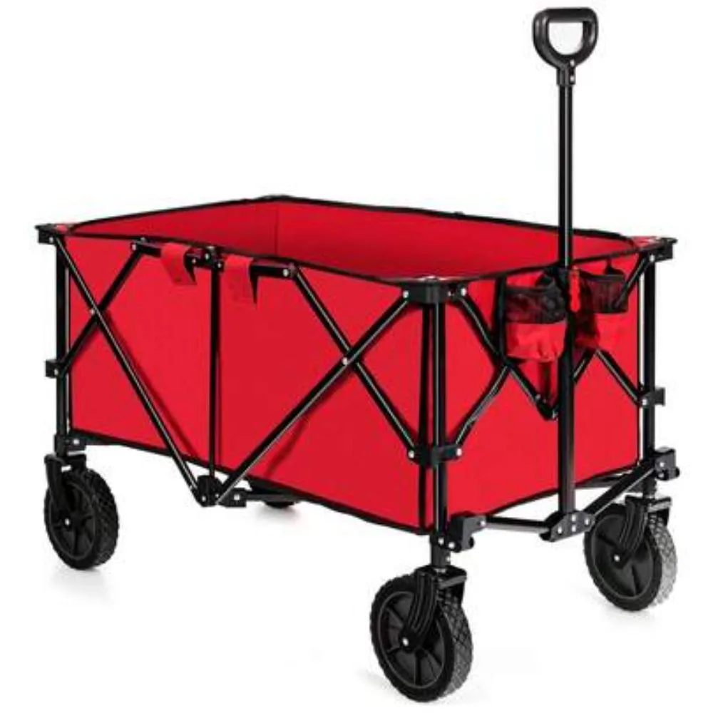 Foldable Utility Wagon Cart with Side Storage Pockets and Detachable Cover Bag, 360 Degree Swivel Wheels, Adjustable Telescoping Handle, Collapsible Outdoor Trolley for Camping, Beach, Gardening, Shopping, Sports Events and Picnics