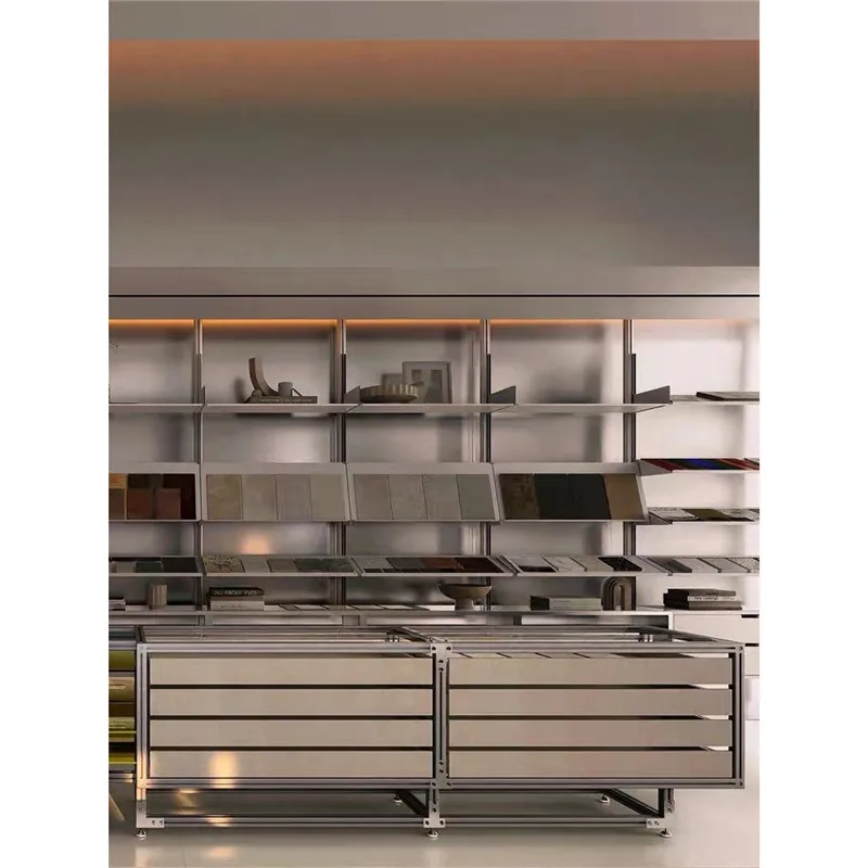 

Modern Minimalist Aluminum Glass Flow Counter for Retail Stores Display Cabinet for Jewelry Shops Island Shelf Storage Rack