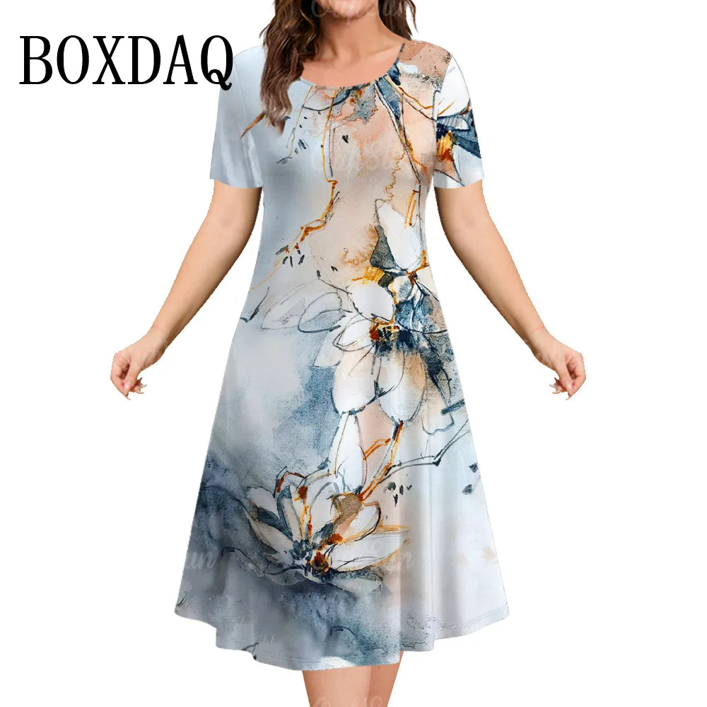 Summer Women‘S Short Sleeves Dress Casual Classy A-Line Skirts Woman Clothing Loose Dresses 3d Retro Flowers Pullover Clothing