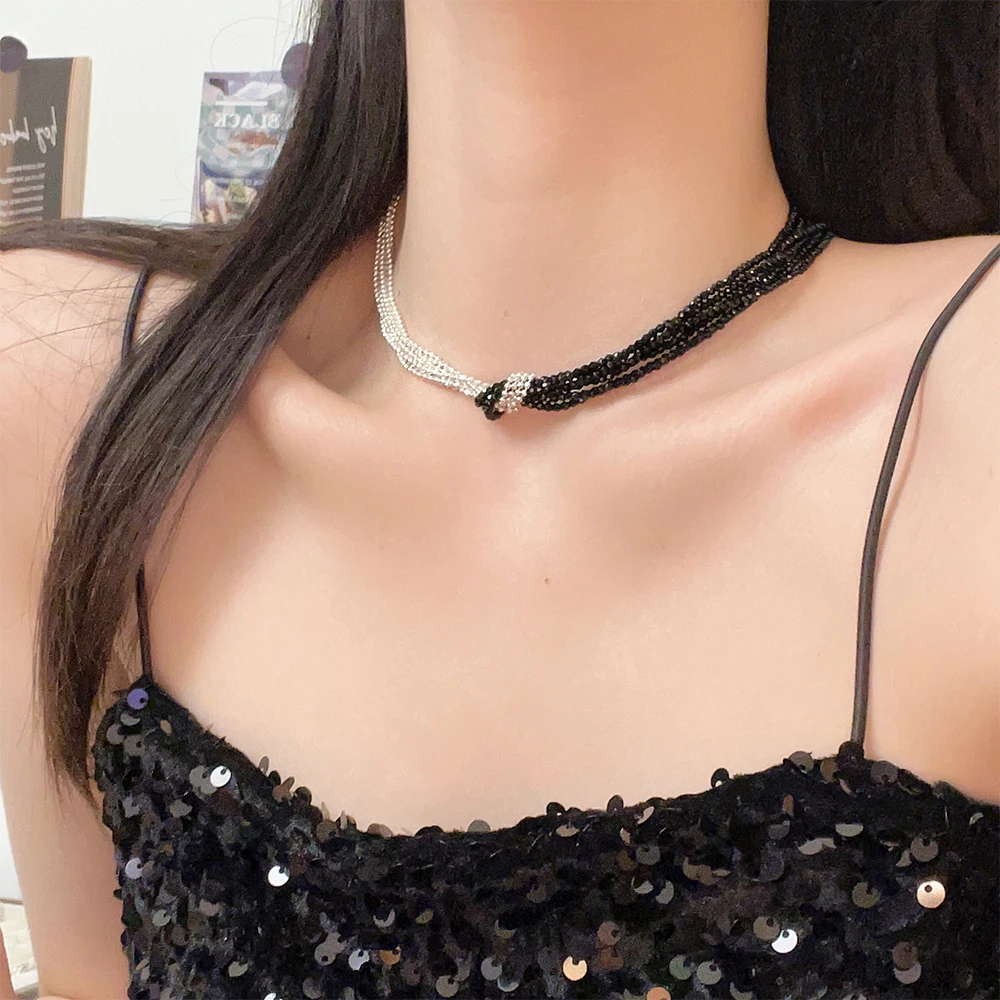 Elegant Light Luxury Silver Shimmering MultiLayer Black Crystal Knotted Necklace Unique Design Choker Trendy Jewelry