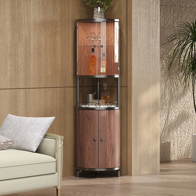 Italian light luxury marble corner cabinet, living room corner glass door storage cabinet, modern simple walnut storage cabinet