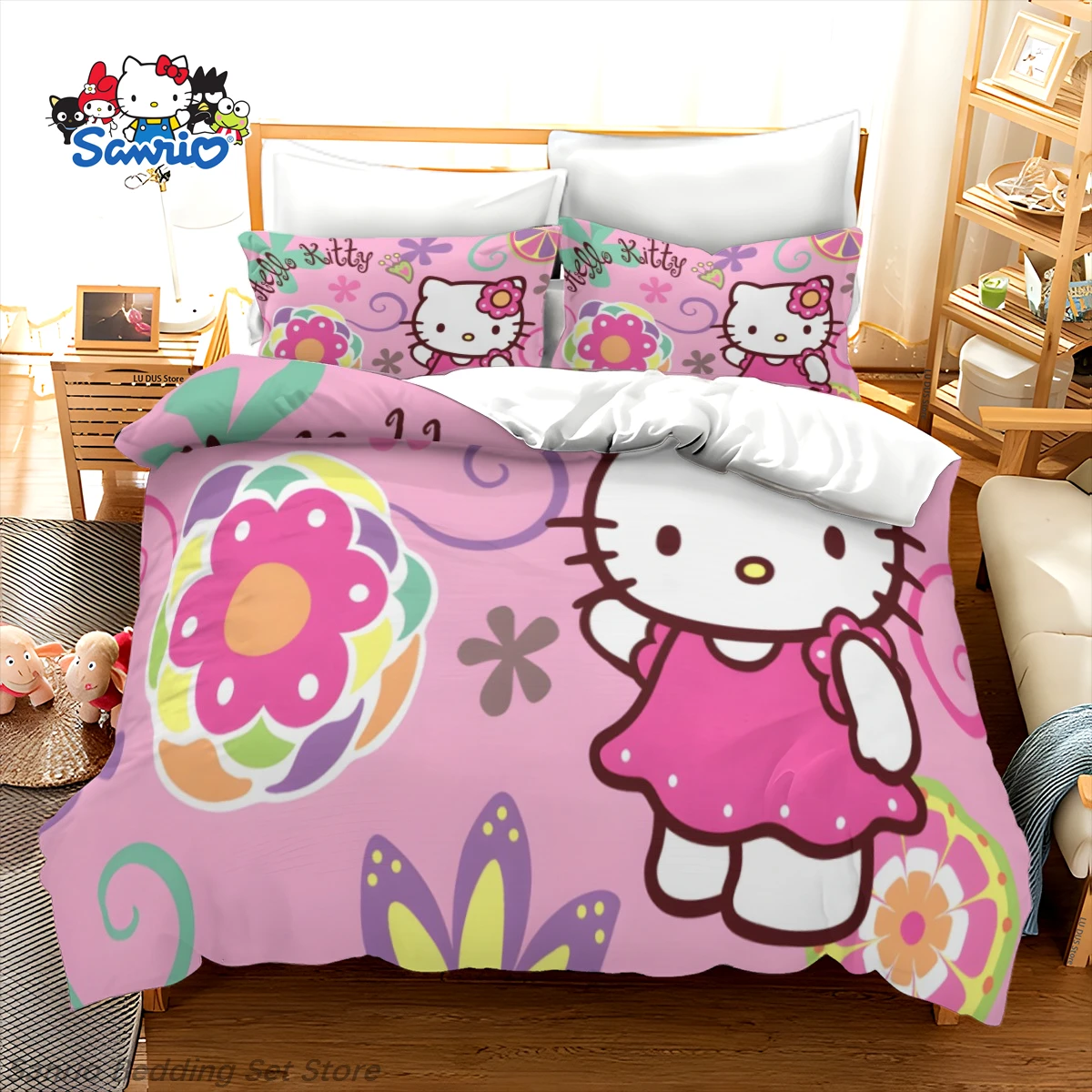 

Kawaii Sanrio Hello Kitty Bedding Set Pink Cute Anime Duvet Cover for Kids Teens Girls Bedroom Decoration Gift Queen