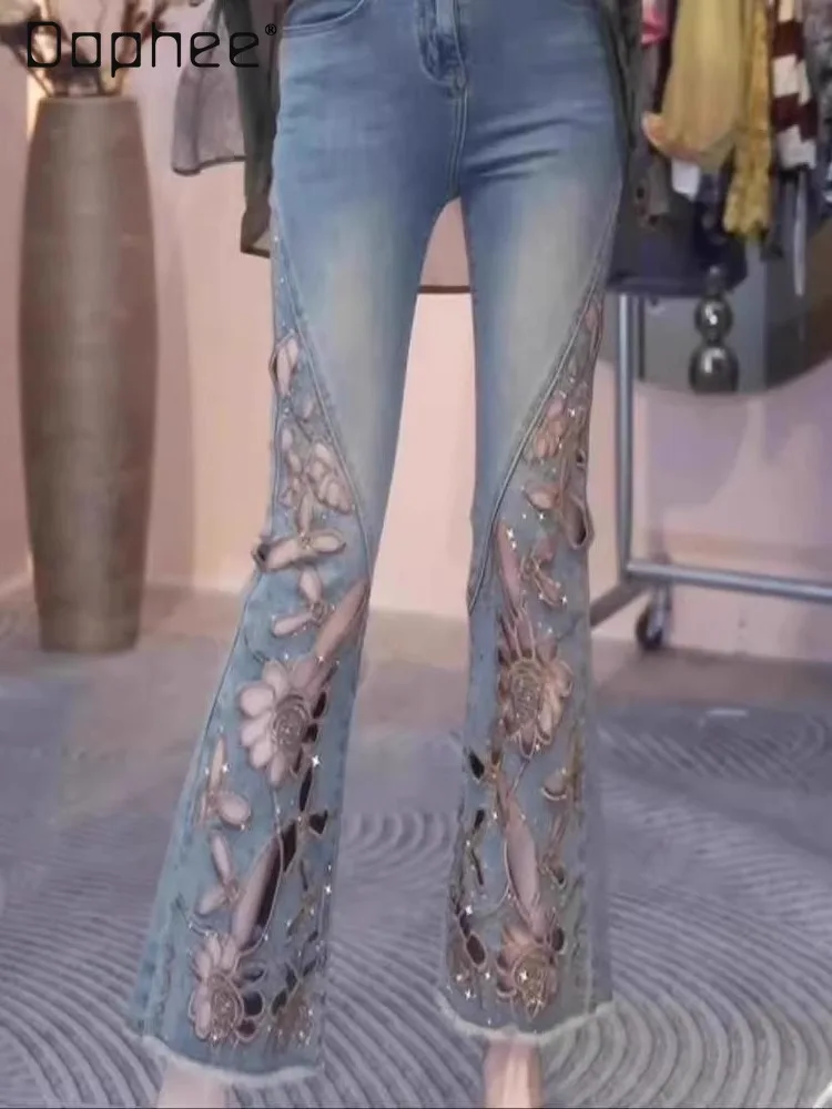 

Summer Thin Rhinestone Hollow Embroidered Jeans for Women Trendy Large Size Loose High Waist Slimming Nine-Point Flared Pants