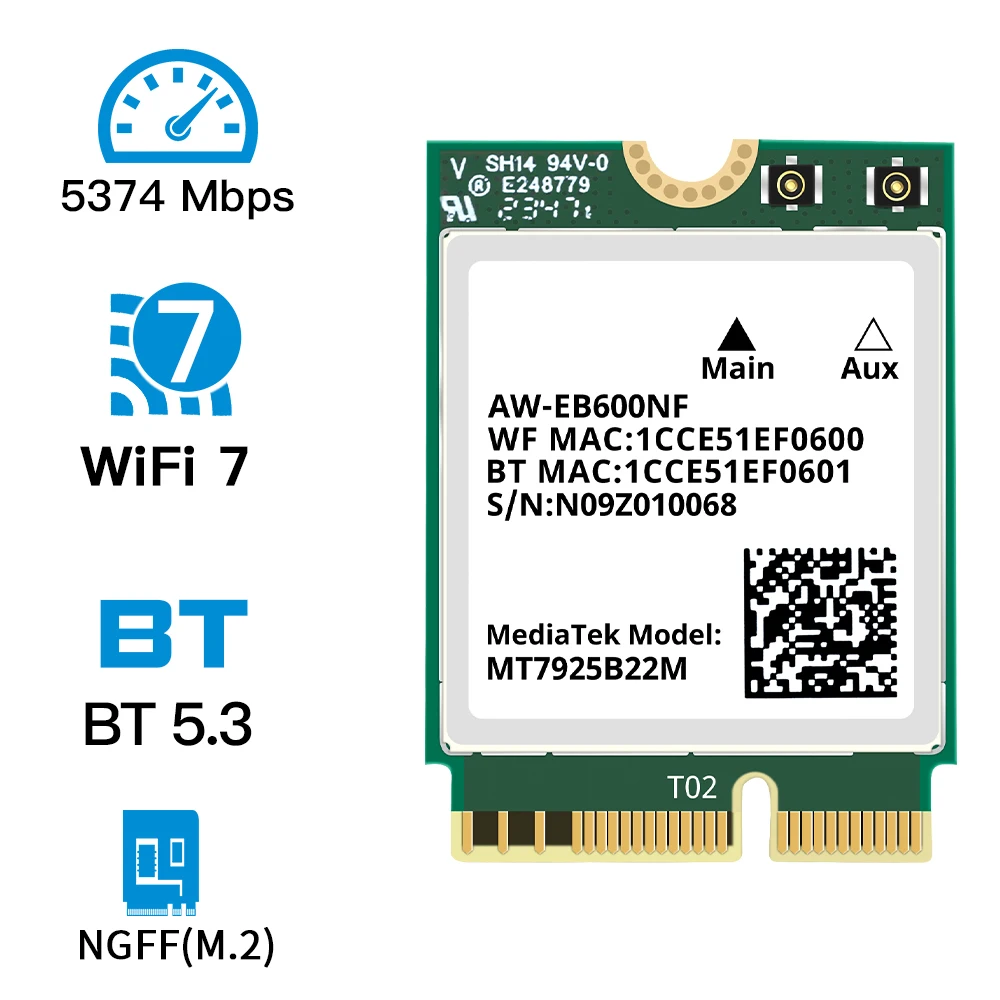 WiFi 7 MT7925 Wireless WiFi Card BT5.3 Tri Band 2.4G 5G 6GHz 802.11AX M.2 Key E 5400Mbps NGFF Ethernet Adapter for win 10/11